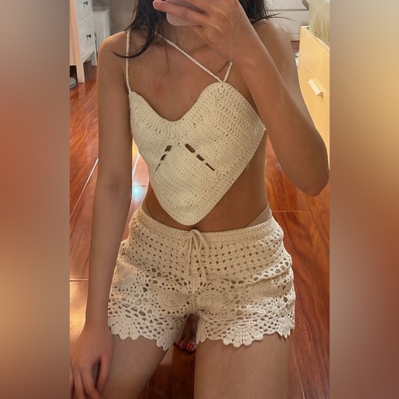 Handmade Three Piece Knitted Halter Shorts & Cover up Cream - Picture 5 of 5
